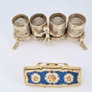 Vintage Silver Lipstick Holder 4 Tube Angel Cherub Travel Mirror Lipstick Glam